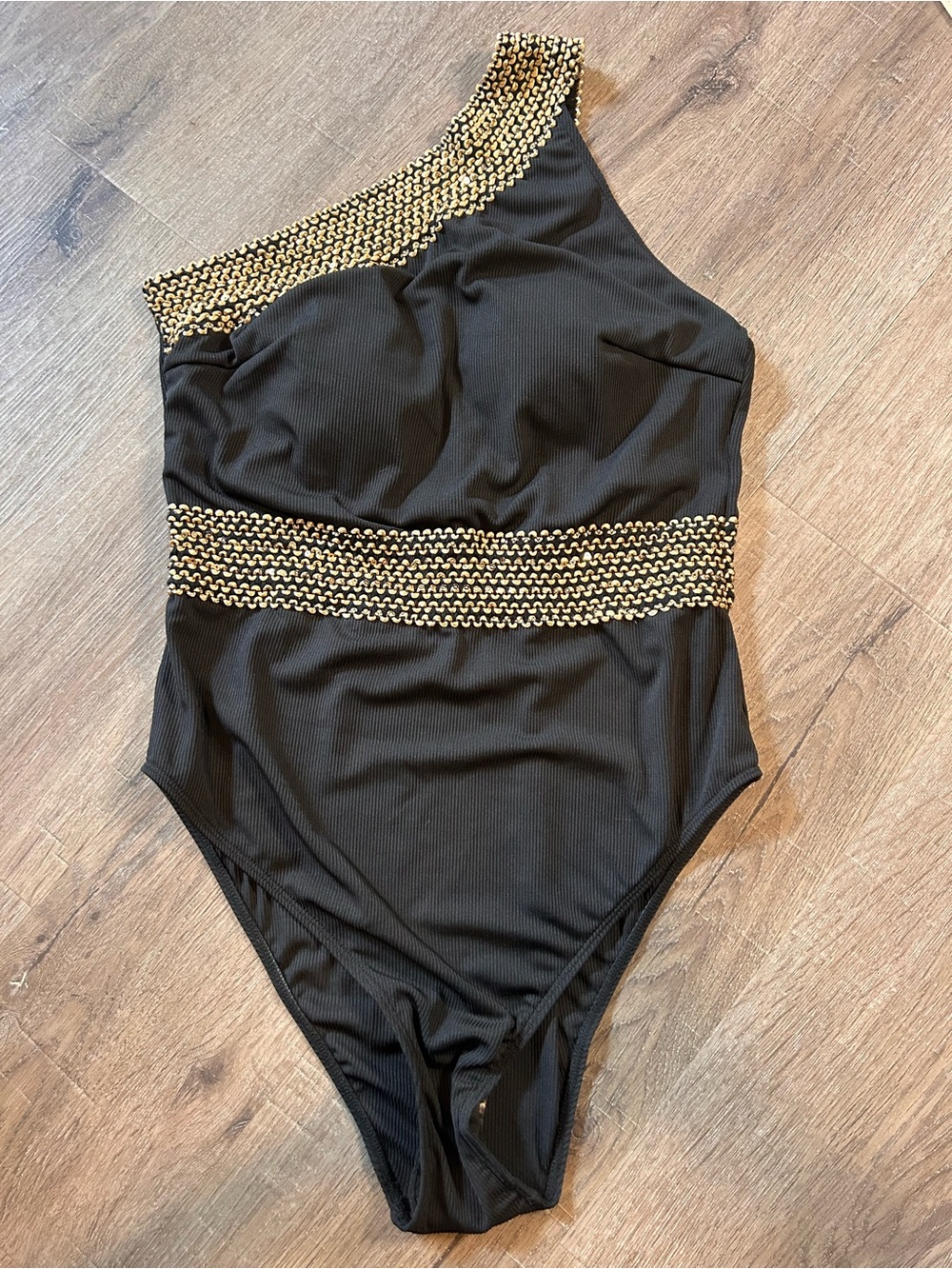 One Piece Swimsuit Womens 1XL Black One-Shoulder Ribbed Gold Trim